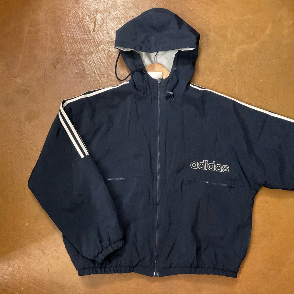 Adidas Men's Dark Blue Windbreaker with White Accents